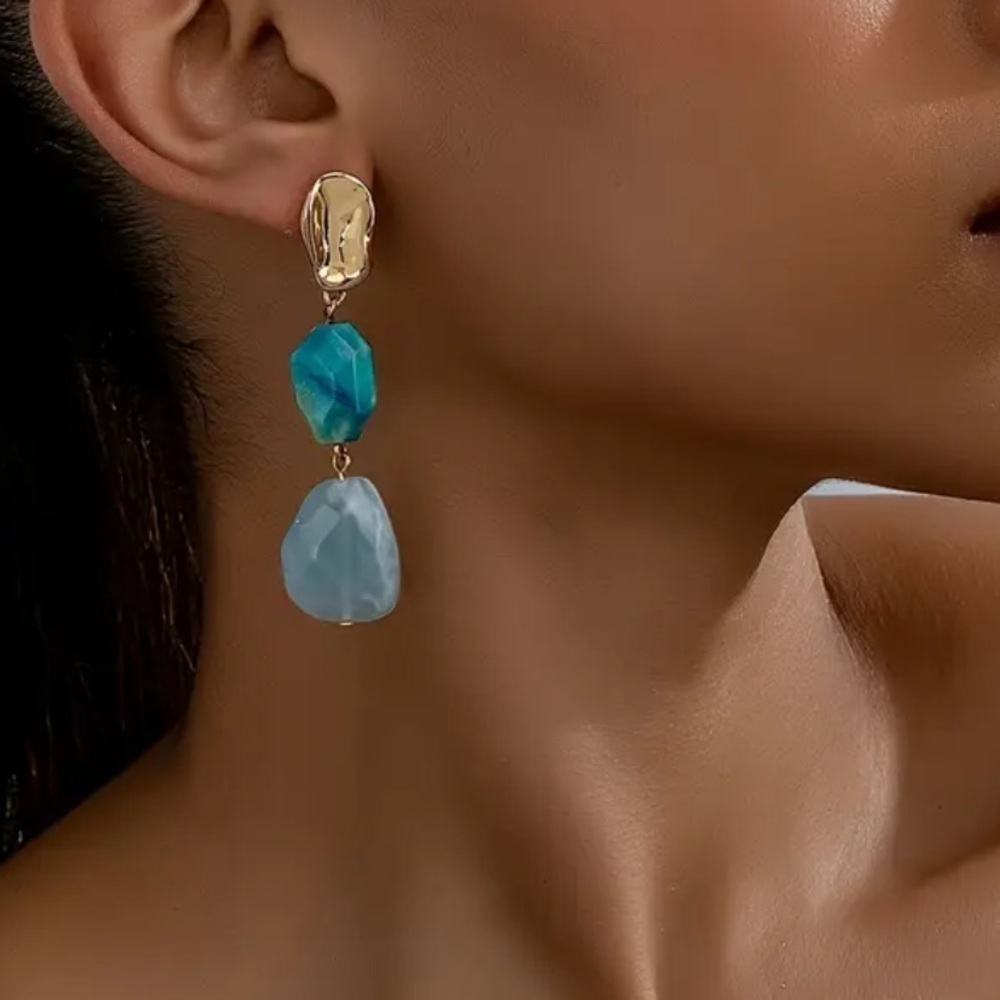Ocean Earrings - Two Tone Blue Resin And Gold Earrings - New